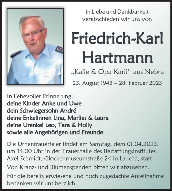 Traueranzeige von Friedrich-Karl Hartmann von Wochenspiegel Naumburg/Nebra