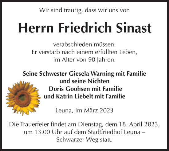 Traueranzeige von Friedrich Sinast von Super Sonntag Merseburg/Querfurt