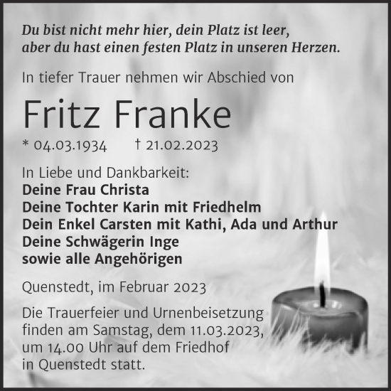 Traueranzeige von Fritz Franke von Trauerkombi Mansfelder Land
