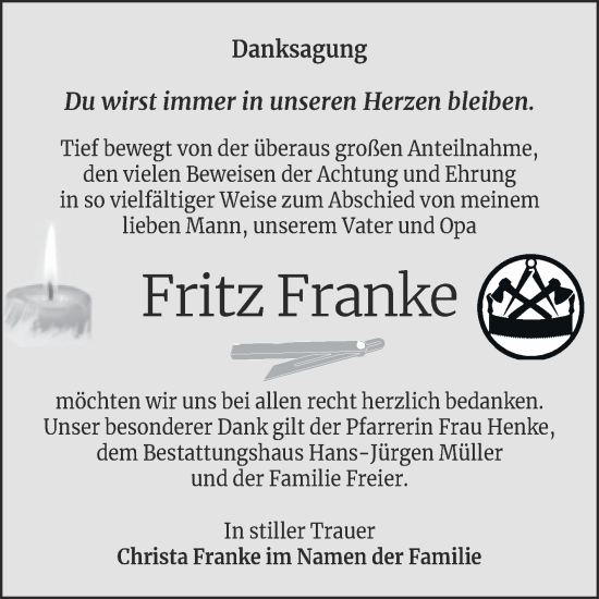 Traueranzeige von Fritz Franke von Trauerkombi Aschersleben