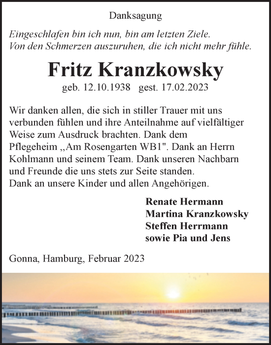 Traueranzeige von Fritz Kranzkowsky von Trauerkombi Sangerhausen