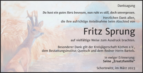 Traueranzeige von Fritz Sprung von Trauerkombi Köthen