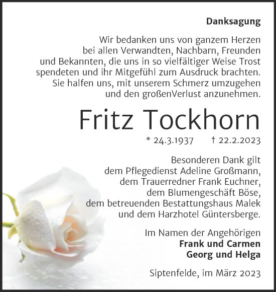 Traueranzeige von Fritz Tockhorn von Trauerkombi Quedlinburg