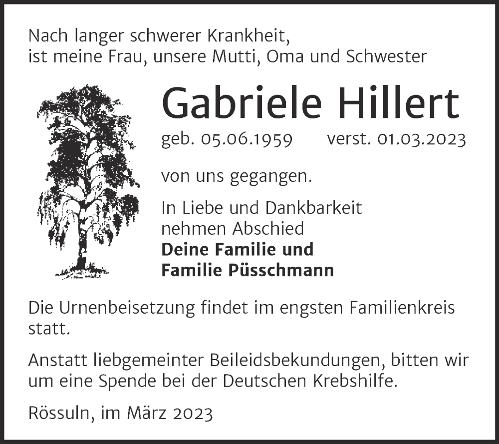  Traueranzeige für Gabriele Hillert vom 11.03.2023 aus Trauerkombi Weißenfels