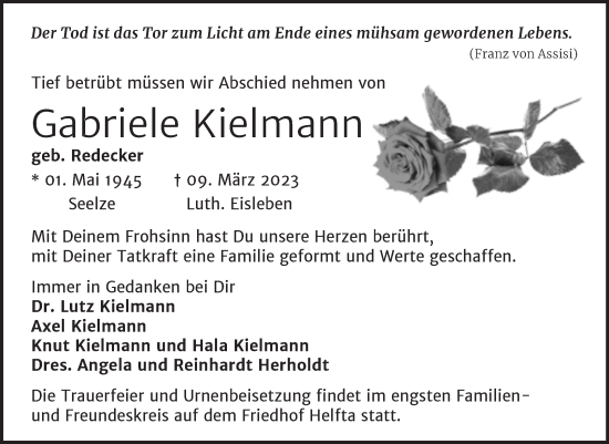 Traueranzeige von Gabriele Kielmann von Trauerkombi Mansfelder Land