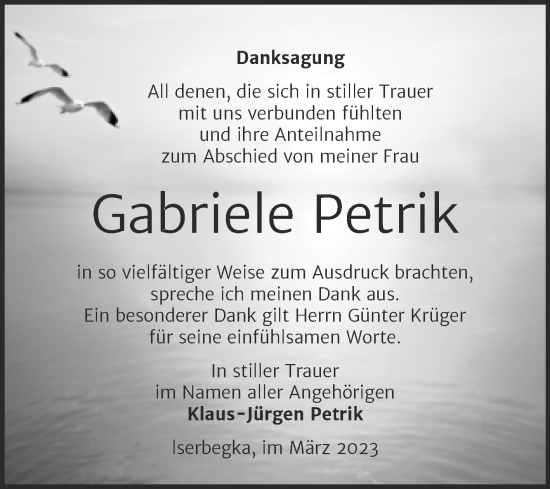 Traueranzeige von Gabriele Petrik von Trauerkombi Wittenberg