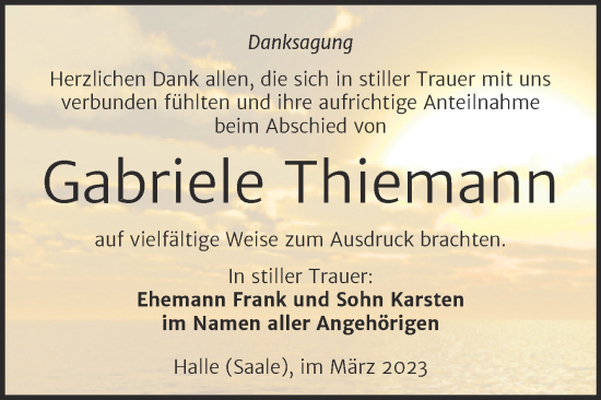 Traueranzeige von Gabriele Thiemann von Mitteldeutsche Zeitung Halle/Saalkreis