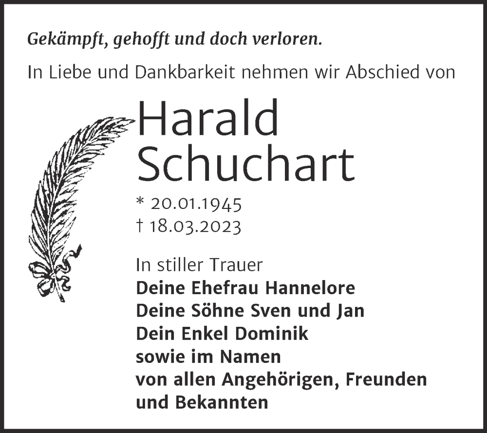  Traueranzeige für Gekämpft Schuchart vom 25.03.2023 aus Mitteldeutsche Zeitung Halle/Saalkreis