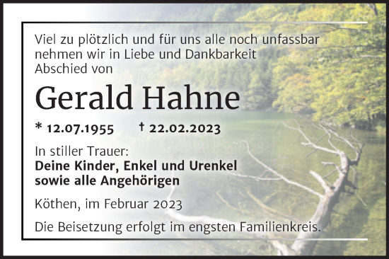 Traueranzeige von Gerald Hahne von Trauerkombi Köthen