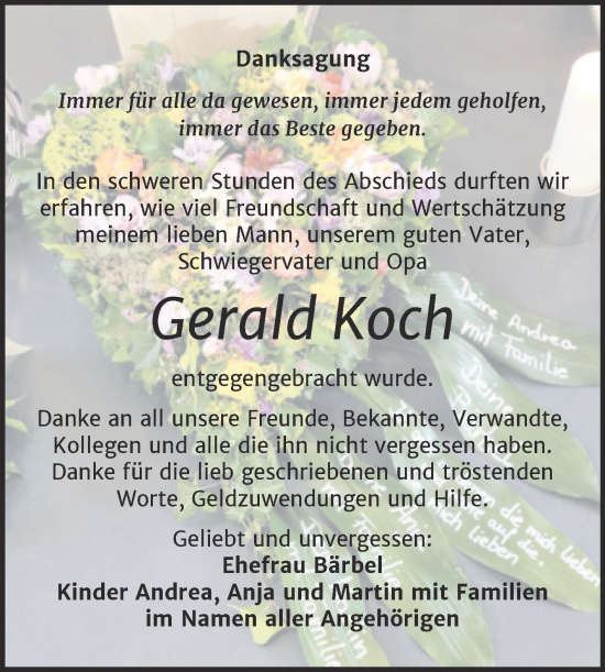 Traueranzeige von Gerald Koch von Trauerkombi Merseburg