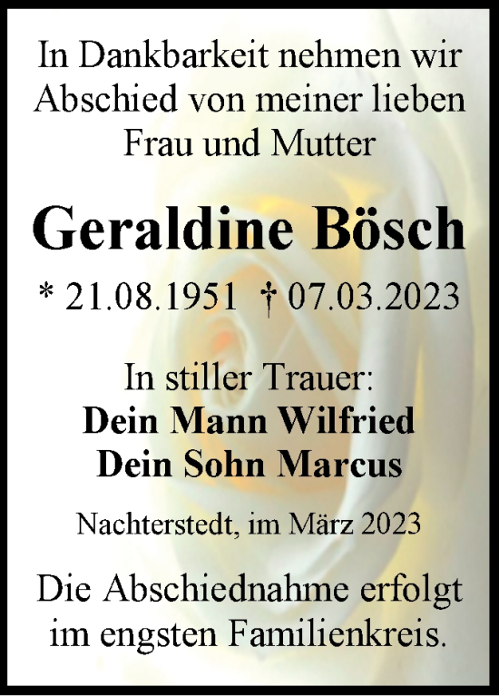 Traueranzeige von Geraldine Bösch von Trauerkombi Aschersleben