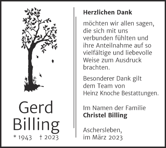 Traueranzeige von Gerd Billing von Trauerkombi Aschersleben