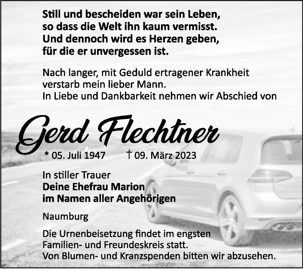  Traueranzeige für Gerd Flechtner vom 22.03.2023 aus Wochenspiegel Naumburg/Nebra