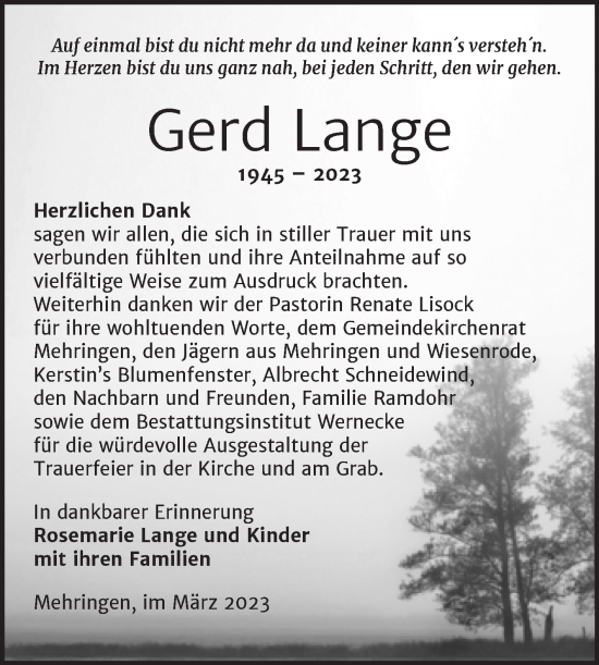 Traueranzeige von Gerd Lange von Trauerkombi Aschersleben