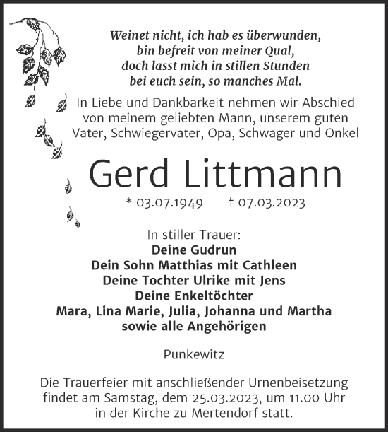 Traueranzeige von Gerd Littmann von Wochenspiegel Naumburg/Nebra