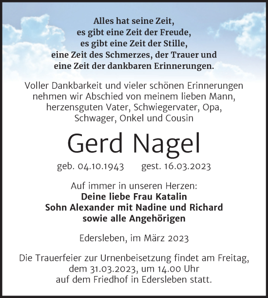 Traueranzeige von Gerd Nagel von Trauerkombi Sangerhausen