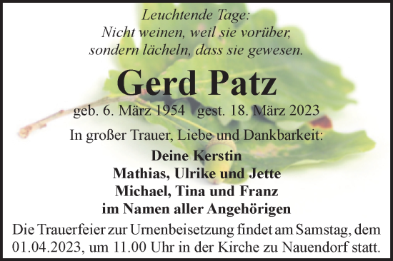 Traueranzeige von Gerd Patz von Mitteldeutsche Zeitung Halle/Saalkreis