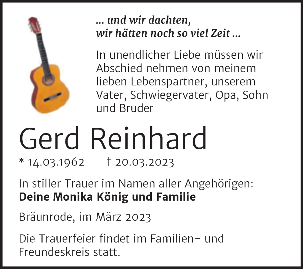  Traueranzeige für Gerd Reinhard vom 25.03.2023 aus Trauerkombi Mansfelder Land