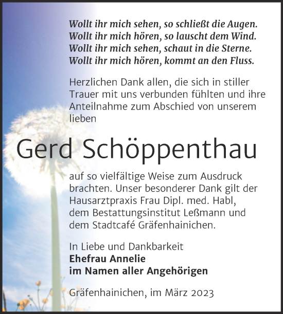 Traueranzeige von Gerd Schöppenthau von Trauerkombi Wittenberg