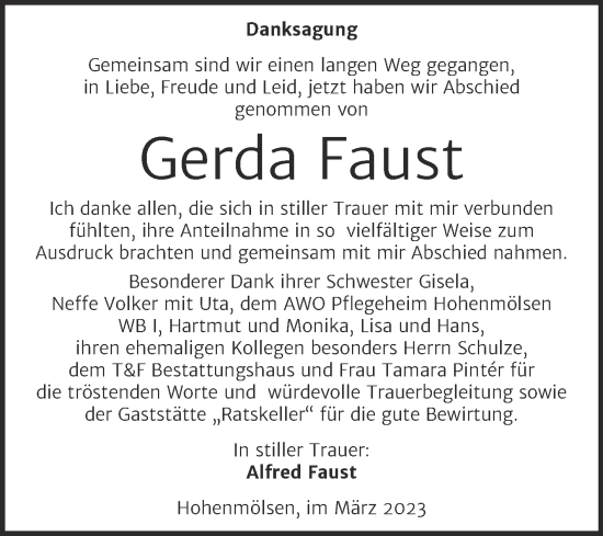 Traueranzeige von Gerda Faust von Trauerkombi Weißenfels