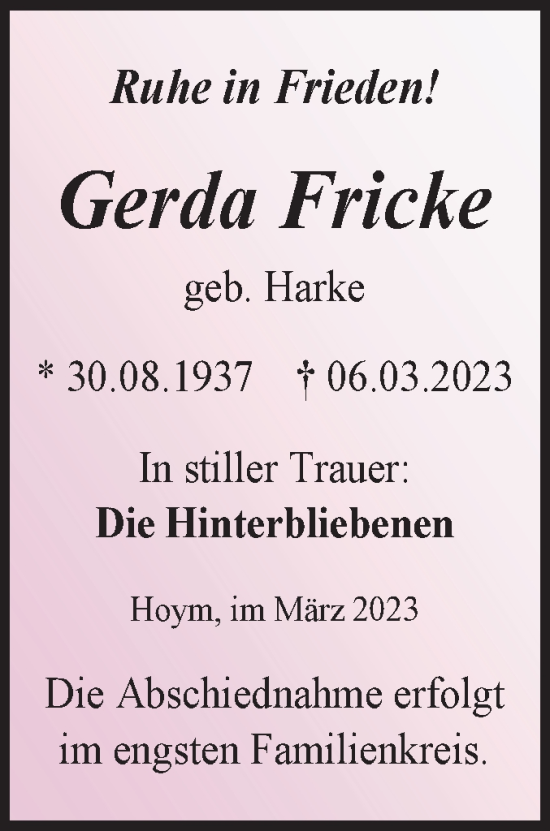 Traueranzeige von Gerda Fricke von Trauerkombi Aschersleben