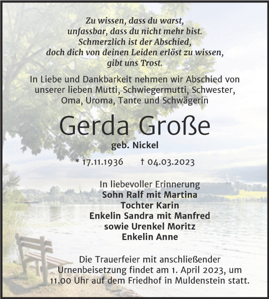 Traueranzeige von Gerda Große von Trauerkombi Bitterfeld