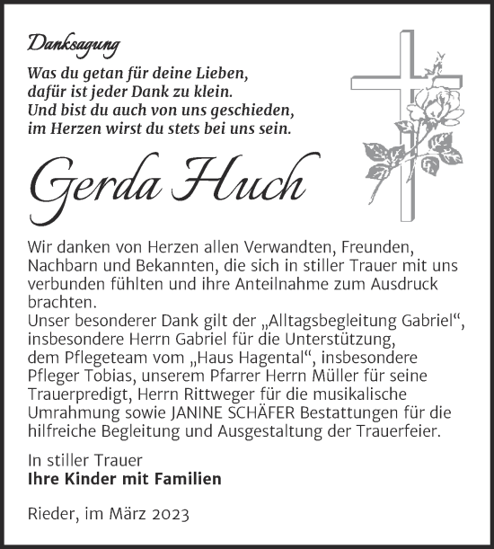 Traueranzeige von Gerda Huch von Trauerkombi Quedlinburg