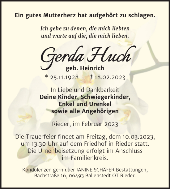 Traueranzeige von Gerda Huch von Trauerkombi Quedlinburg