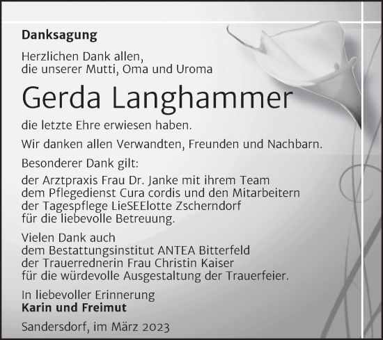 Traueranzeige von Gerda Langhammer von Trauerkombi Bitterfeld