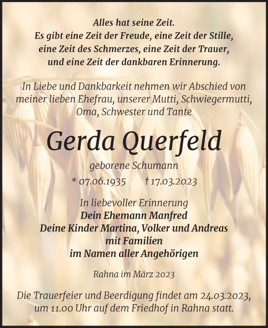 Traueranzeige von Gerda Querfeld von Mitteldeutsche Zeitung Weißenfels