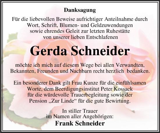 Traueranzeige von Gerda Schneider von Trauerkombi Dessau