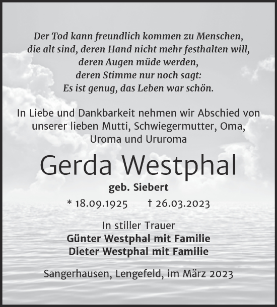 Traueranzeige von Gerda Westphal von Trauerkombi Sangerhausen