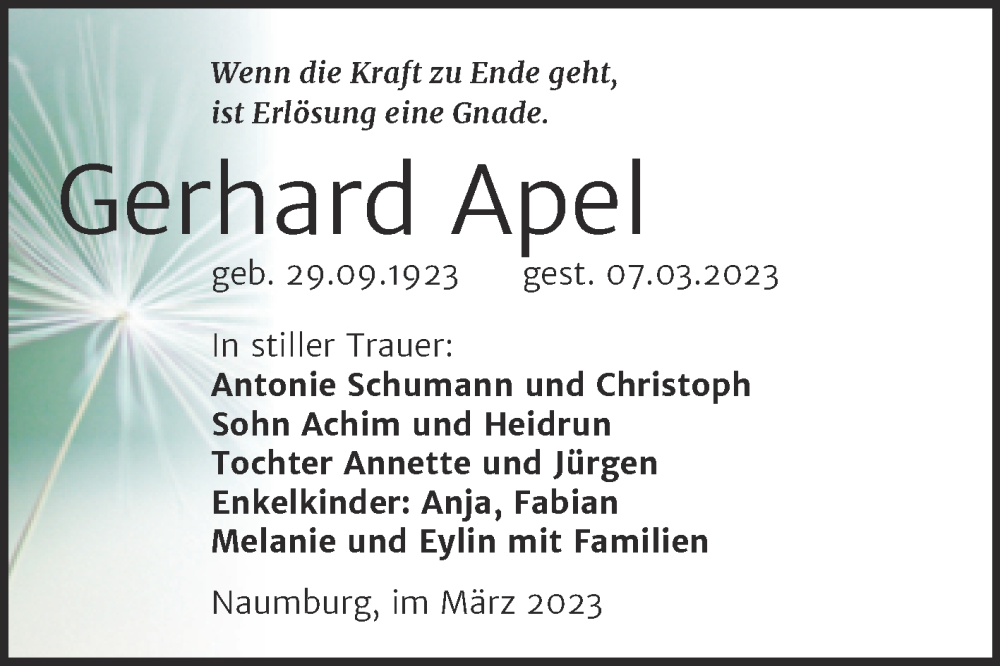  Traueranzeige für Gerhard Apel vom 15.03.2023 aus Wochenspiegel Naumburg/Nebra