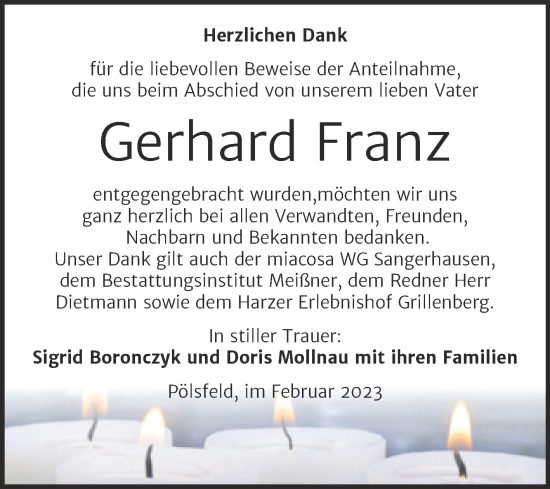 Traueranzeige von Gerhard Franz von Trauerkombi Sangerhausen