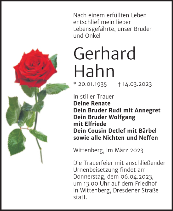 Traueranzeige von Gerhard Hahn von Trauerkombi Wittenberg