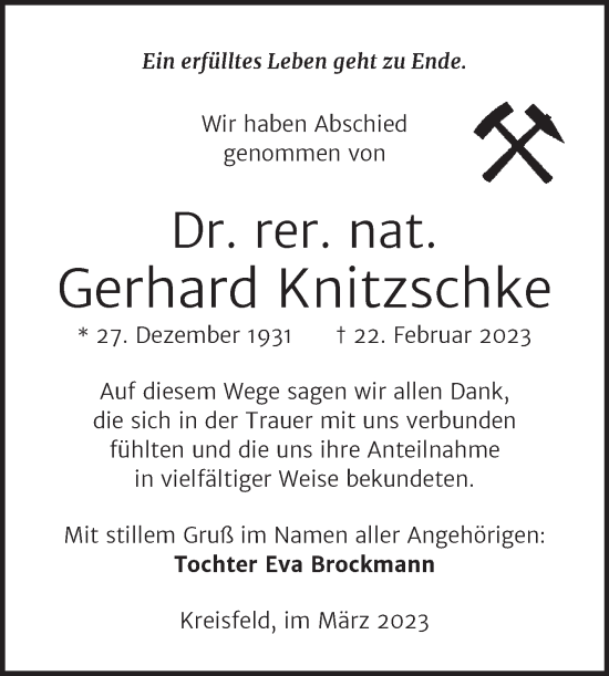 Traueranzeige von Gerhard Knitzschke von Trauerkombi Mansfelder Land