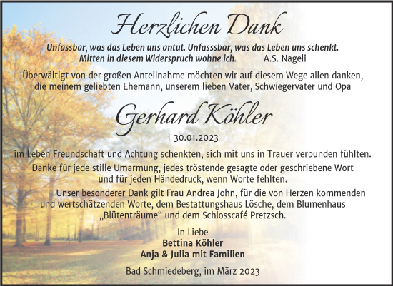 Traueranzeige von Gerhard Köhler von Trauerkombi Wittenberg