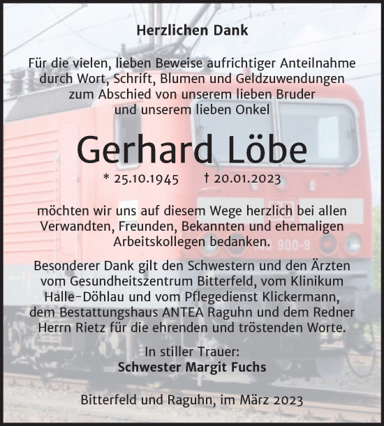 Traueranzeige von Gerhard Löbe von Trauerkombi Bitterfeld