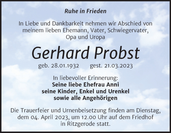 Traueranzeige von Gerhard Probst von Trauerkombi Mansfelder Land