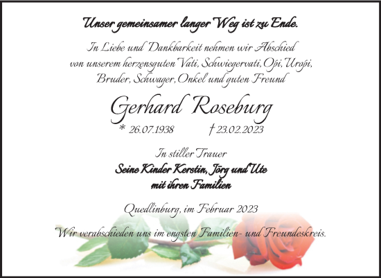 Traueranzeige von Gerhard Roseburg von Trauerkombi Quedlinburg