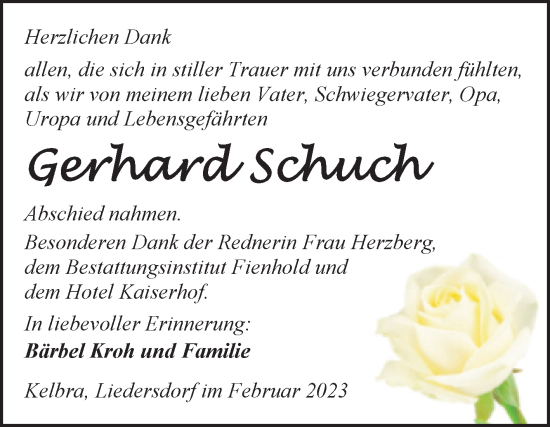 Traueranzeige von Gerhard Schuch von Trauerkombi Sangerhausen