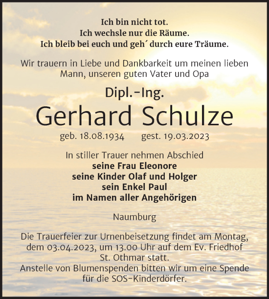 Traueranzeige von Gerhard Schulze von Wochenspiegel Naumburg/Nebra