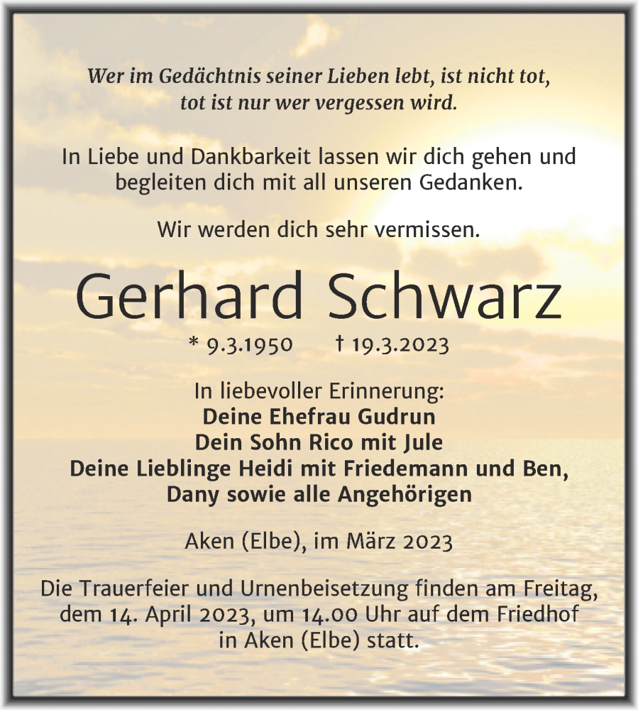  Traueranzeige für Gerhard Schwarz vom 23.03.2023 aus Trauerkombi Köthen