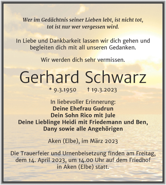 Traueranzeige von Gerhard Schwarz von Trauerkombi Köthen
