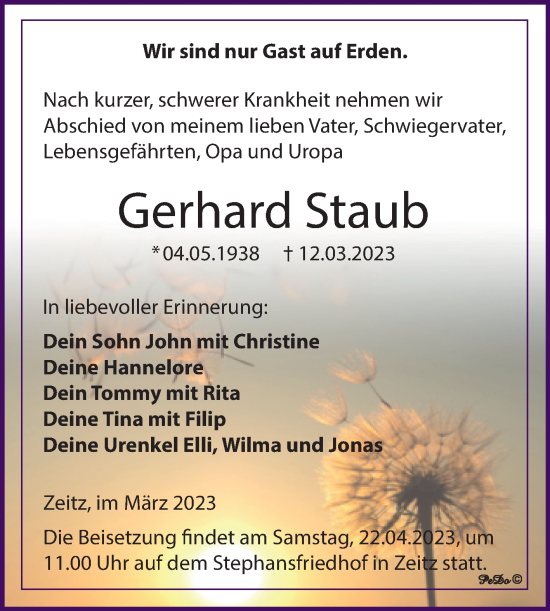 Traueranzeige von Gerhard Staub von Trauerkombi Zeitz