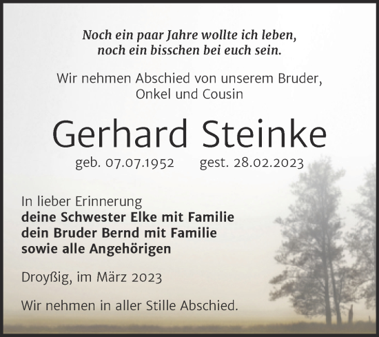 Traueranzeige von Gerhard Steinke von Trauerkombi Zeitz