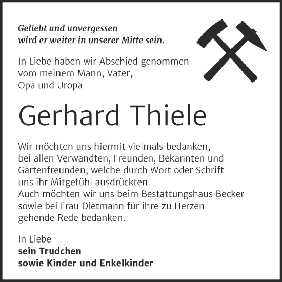 Traueranzeige von Gerhard Thiele von Mitteldeutsche Zeitung Sangerhausen