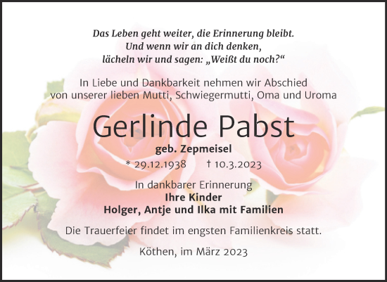 Traueranzeige von Gerlinde Pabst von Trauerkombi Köthen