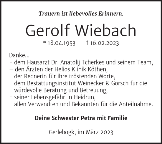 Traueranzeige von Gerolf Wiebach von Trauerkombi Bernburg