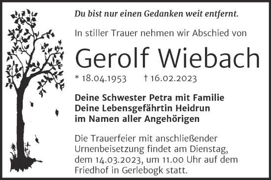 Traueranzeige von Gerolf Wiebach von Trauerkombi Bernburg